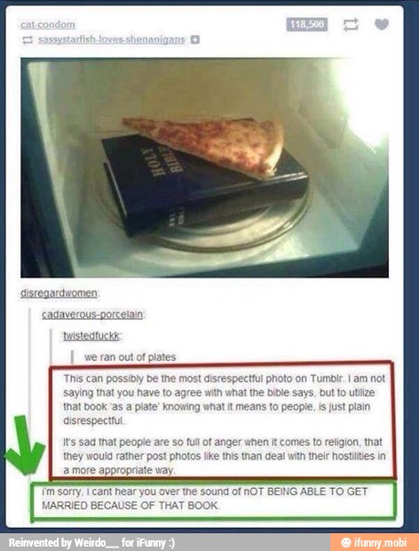 we ran out of plates
This can possibly be the most disrespectful photo on Tumblr. I am not
saying that you have to agree with what the bible says, but to utlize
{mat book 'as a plate" knowing what it means to people, is just plain
disrespectful
¡ts sad that people are so full of anger when it comes to religion, that
they would rather post photos lke this than deal witn their hostittes in
2 more appropriate way
Teant hear you over the sound of nOT BEING ABLE TO GET