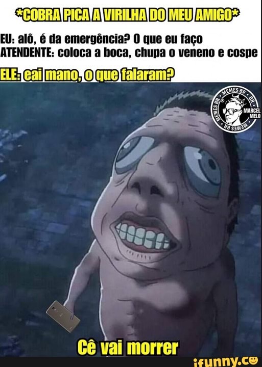 COBRAJBICA ATIA DO
EU: alô, é da emergência? O que eu faço
ATENDENTE: coloca a boca, chupa veneno cospe
Cê vai morrer