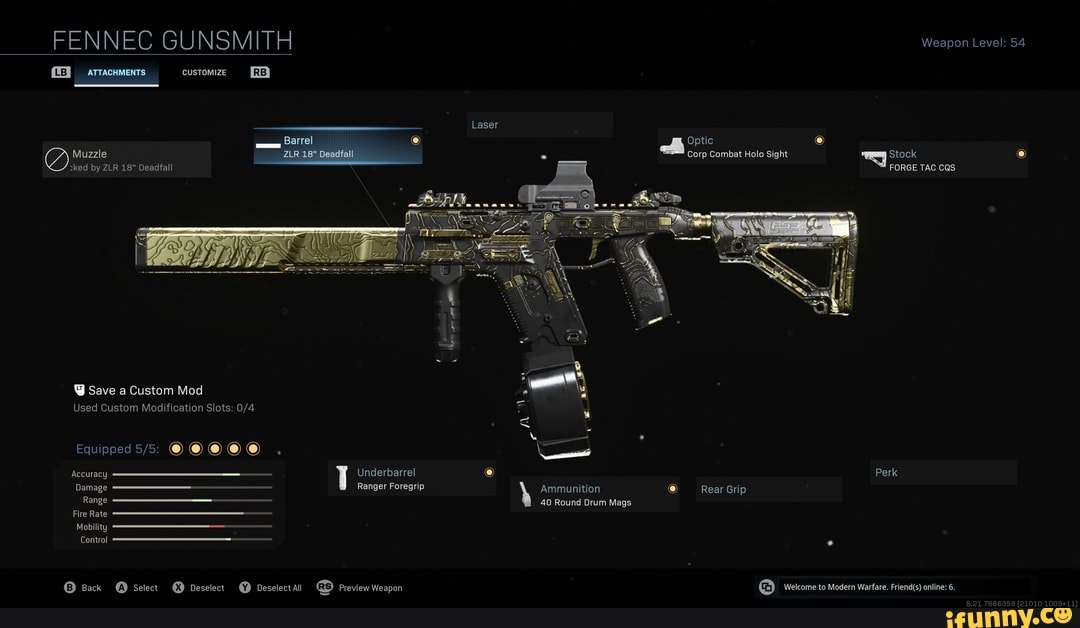 Gold Skin FENNEC GUNSMITH Weapon Level 54 ATTACHMENTS CUSTOMIZE Fa 