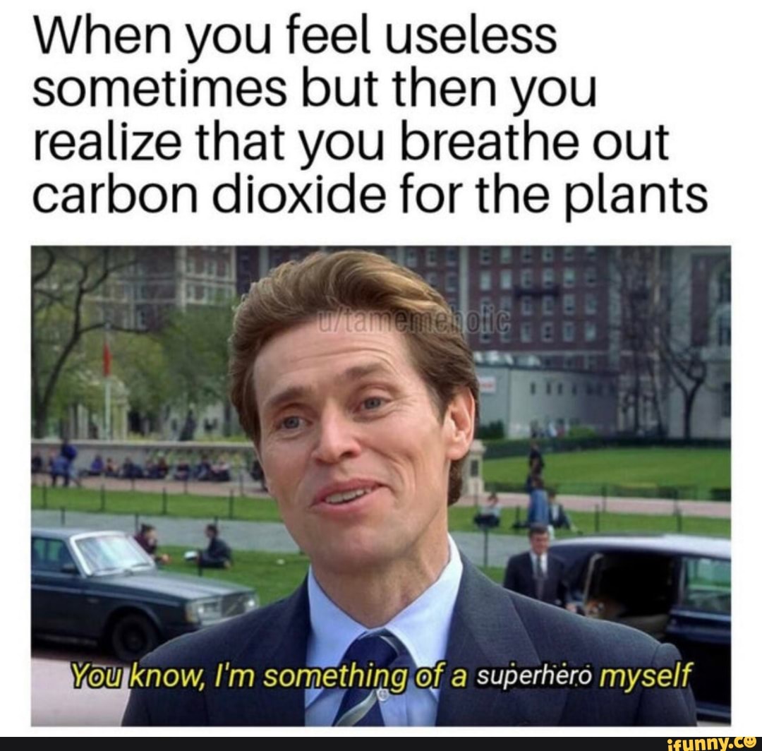When you feel useless
sometimes but then you
realize that you breathe out
carbon dioxide for the plants
Youlknow, I'm something Of a superhero myself
SIN