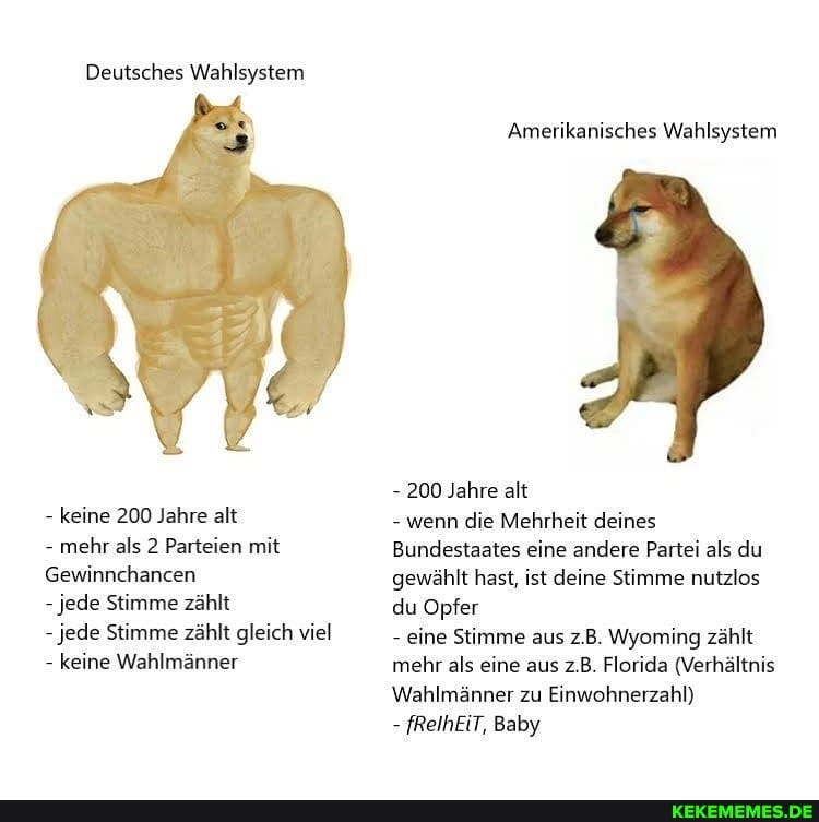 Deutsches Wahlsystem
- keine 200 Jahre alt
- mehr als 2 Parteien mit
Gewinnchancen
- jede Stimme zählt
- jede Stimme zählt gleich viel
- keine Wahlmänner
'Amerikanisches Wahlsystem
- 200 Jahre alt
- wenn die Mehrheit deines
Bundestaates eine andere Partei als du gewählt hast, ist deine Stimme nutzlos du Opfer
- eine Stimme aus z.B. Wyoming zählt mehr als eine aus z.B. Florida (Verhältnis
Wahlmänner zu Einwohnerzahl)
- fReihEiT, Baby