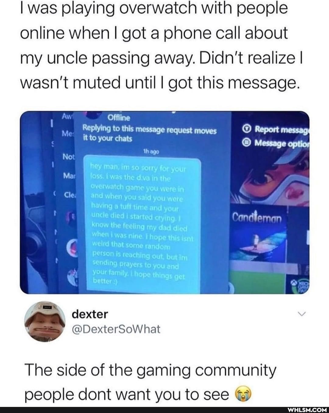 I was playing overwatch with people online when I got a phone call about my uncle passing away. Didn't realize I wasn't muted until I got this message.
Offline
Me Replying to this message request moves Report messag your to chats Message optio
le
Mar
dexter
The side of the gaming community people dont want vou to see