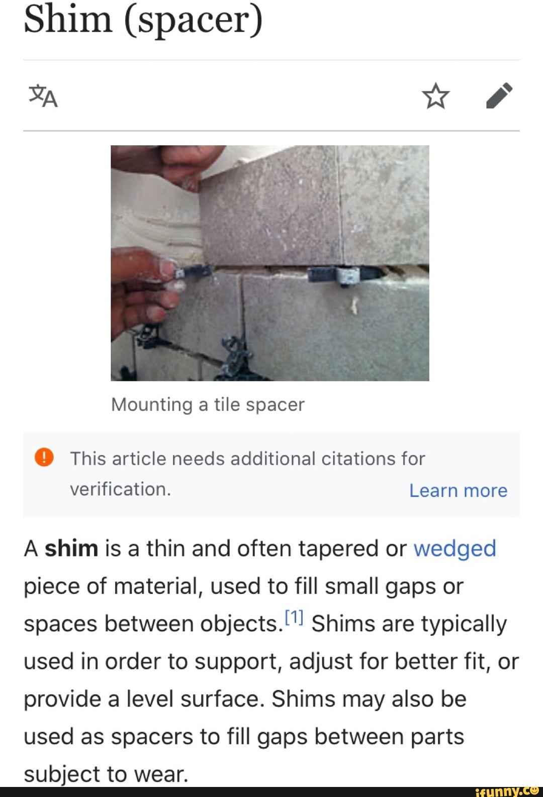 Shim (spacer) O This article needs additional citations for A shim is a