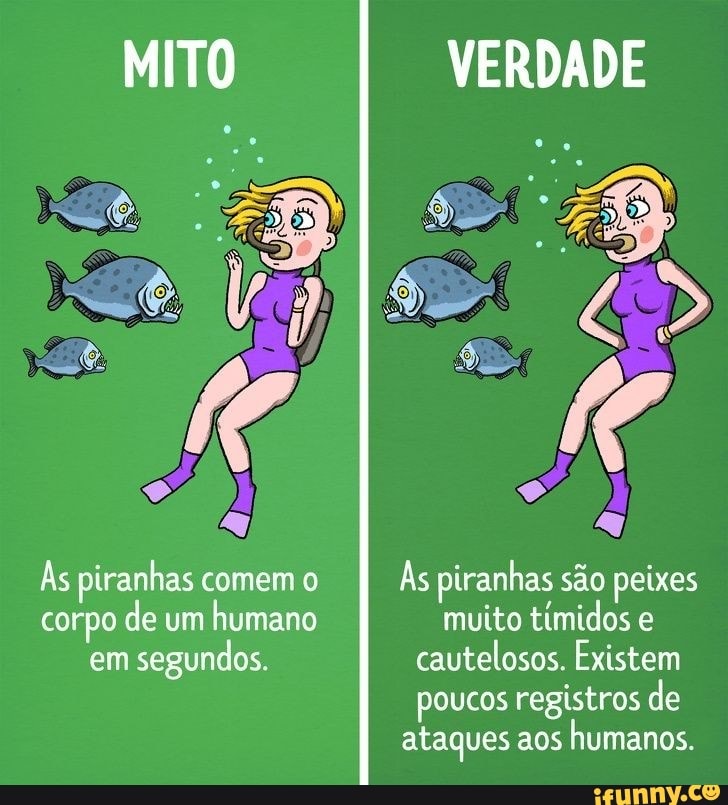 MITO VERDADE
3,
As piranhas comem o As piranhas são peixes corpo de um humano muito tímidos e em segundos. cautelosos. Existem poucos registros de
ataques aos humanos.