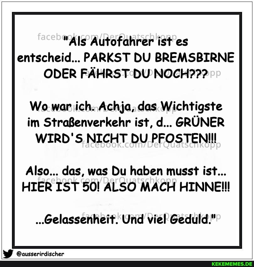 "Als Autofahrer ist es entscheid... PARKST DU BREMSBIRNE ODER FÄHRST DU NOCH???
Wo war ich. Achja, das Wichtigste im Straßenverkehr ist, d... GRÜNER
WIRD'S NICHT DU PFOSTENII
Also... das, was Du haben musst ist...
HIER IST 50! ALSO MACH HINNEIl!
.Gelassenheit. Und viel Geduld."