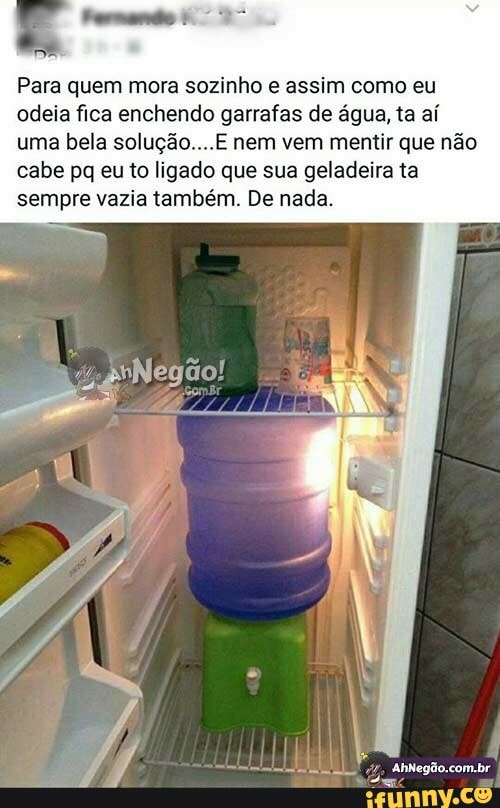 Para quem mora sozinho e assim como eu
odeia fica enchendo garrafas de água, ta aí
uma bela solução....E nem vem mentir que não
cabe pq euto ligado que sua geladeira ta
sempre vazia também. De nada.