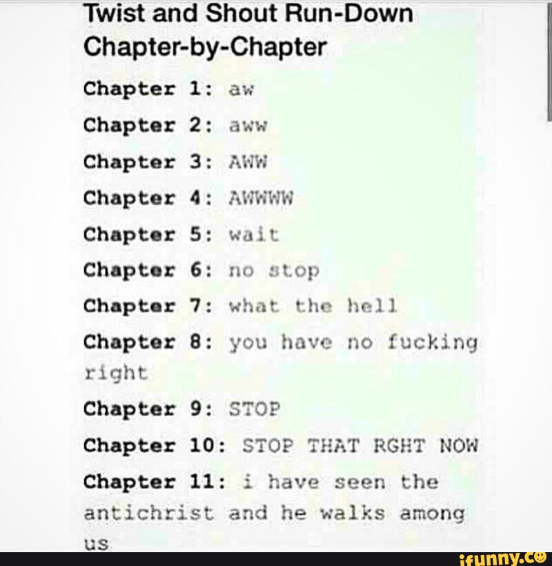 Twist and Shout Run-Down
Chapter-by-Chapter
Chapter
Chapter
Chapter
Chapter
Chapter
right
Chapter
Chapter
1:
2:
odnmnu
10:
11:
antichrist
US
aw
a'n'h'
: RWY}
wuiL
you have no fucking
STOP THAT RGHT NOW
i have seen the
and he walks among