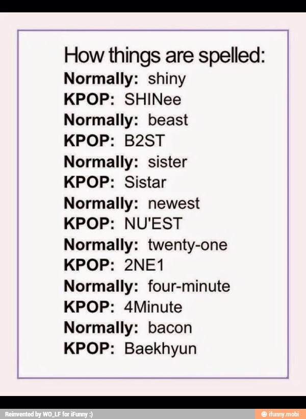How things are spelled:
Normally: shiny
Normally: beast
Normally: sister
Normally: newest
KPOP: NU'EST
Normally: twenty-one
Normally: four-minute
Normally: bacon