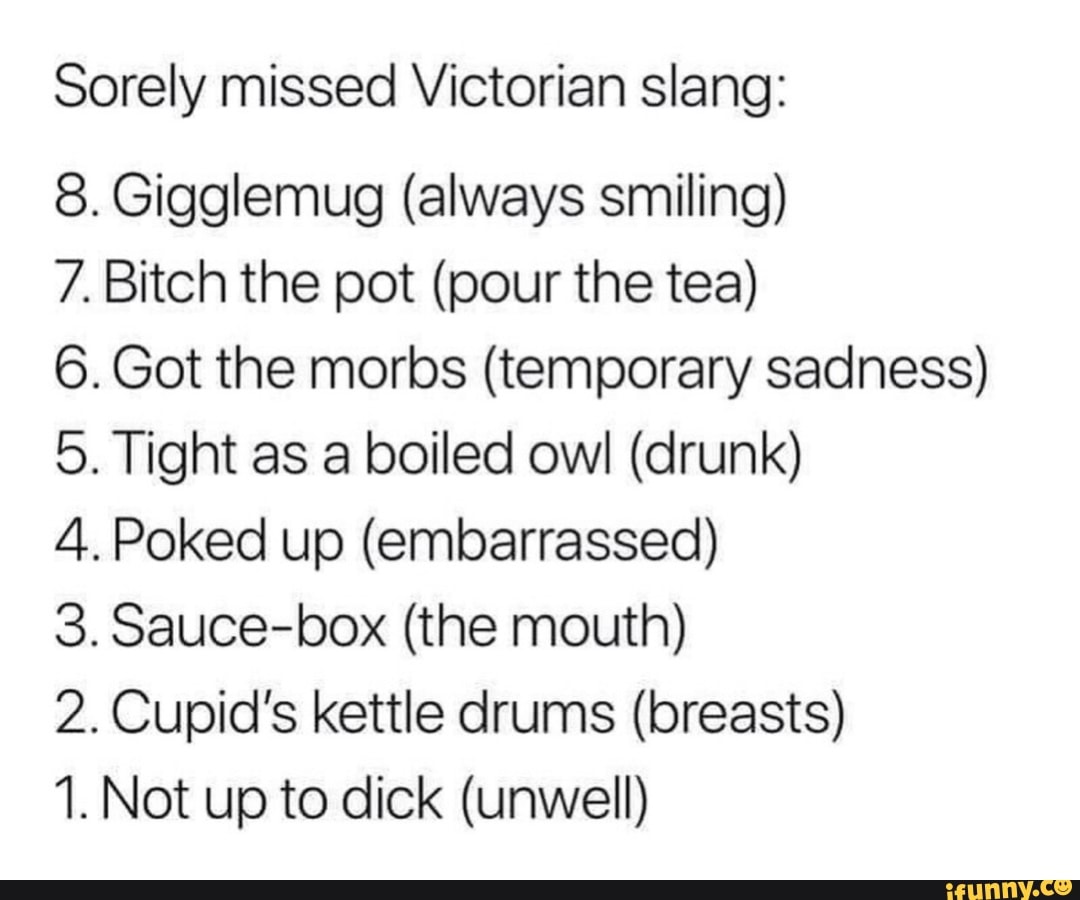 Sorely missed Victorian slang 8. Gigglemug (always smiling) 7. Bitch