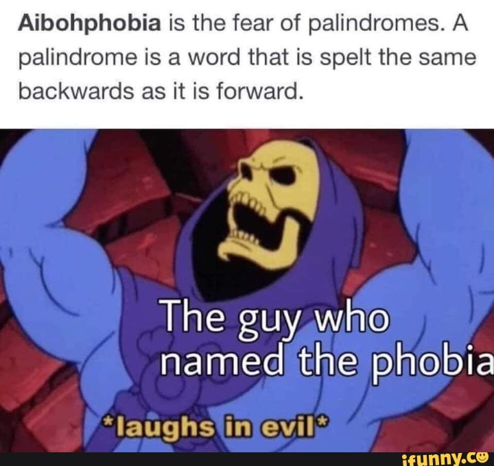 Aibohphobia is the fear of palindromes. A palindrome is a word that is