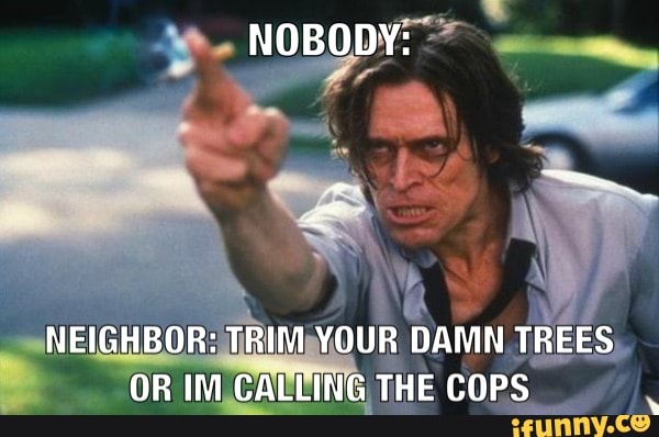 NOBODY:
NEIGHBOR: TRIM YOUR DAMN TREES OR IM CALLING THE COPS