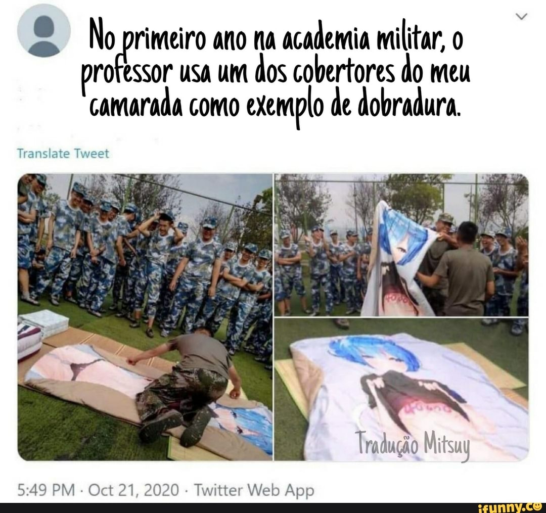 Mo rofessor usa ano um na academia dos militar, cobertores do meu pro essor usa um dos cobertores do meu camarada como exemplo de dobradura.
Translate Tweet
Tradução Mitsuy