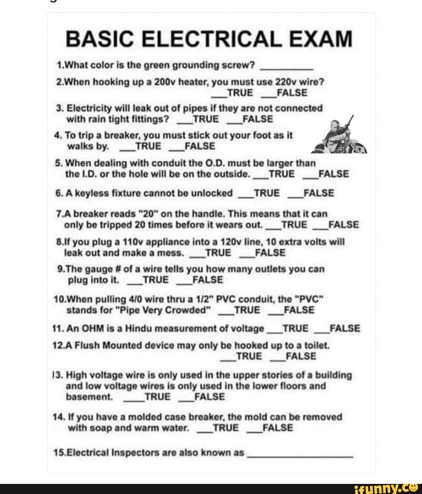 BASIC ELECTRICAL EXAM 1.What color is the green grounding screw? When