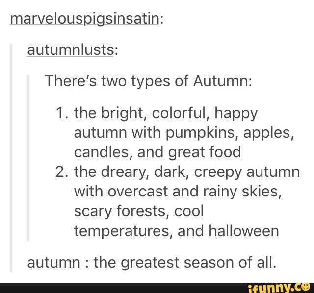 marvelouspigsinsatin:
autumnlusts:
There's two types of Autumn:
1. the bright, colorful, happy
autumn with pumpkins, apples,
candles, and great food
2. the dreary, dark, creepy autumn
with overcast and rainy skies,
scary forests, cool
temperatures, and halloween
autumn :
the greatest season of all.