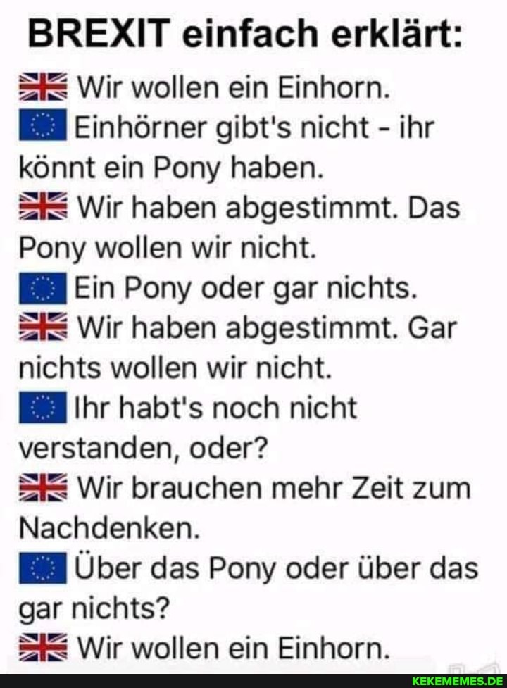BRETT einfach erklärt:
Wir wollen ein Einhorn.
Einhörner gibt's nicht - ihr könnt ein Pony haben.
Wir haben abgestimmt. Das
Pony wollen wir nicht.
Ein Pony oder gar nichts.
Wir haben abgestimmt. Gar nichts wollen wir nicht.
Ihr habt's noch nicht verstanden, oder?
SEE Wir brauchen mehr Zeit zum
Nachdenken.
Über das Pony oder über das gar nichts?
SIE Wir wollen ein Einhorn.