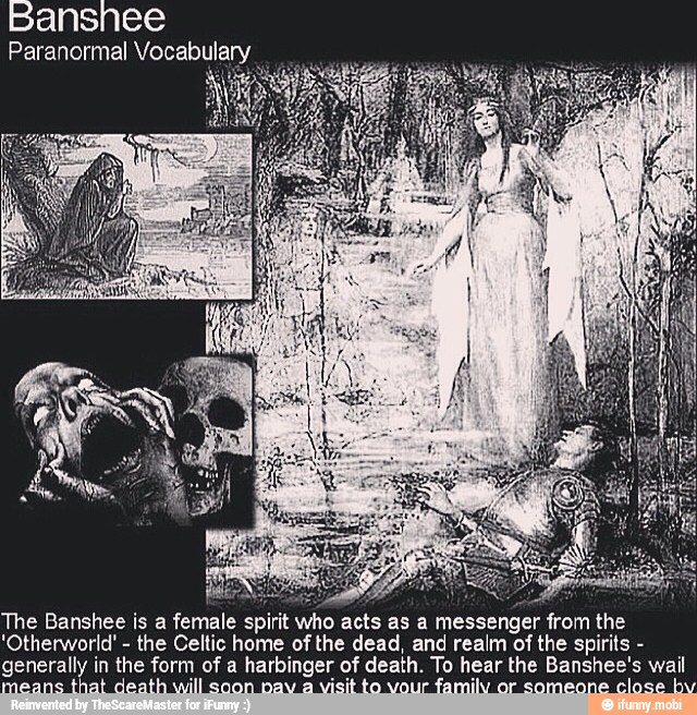 Paranormal Vocabulary
The Banshee ¡is a female spirit who acts as a messenger from the
'Otherworld' the Celtic home of the dead, and realm of the spirits generally in the form of a harbinger of death. To hear the Banshee's wail
means that death will soon nav a visit to vour family or someone close by