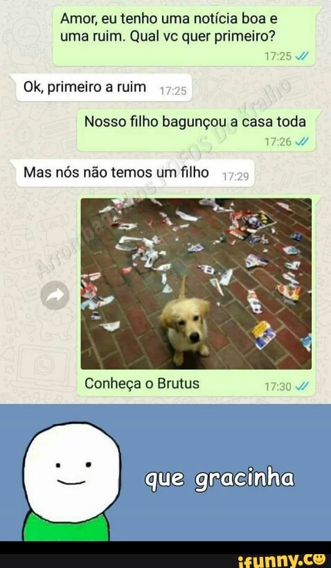 Amor, eu tenho uma noticia boa e
uma ruim. Qual ve quer primeiro?
OK, primeiro a ruim
Nosso filho bagunçou a casa toda
17:26 W
Mas nós não temos um filho
7.25
Conheça o Brutus