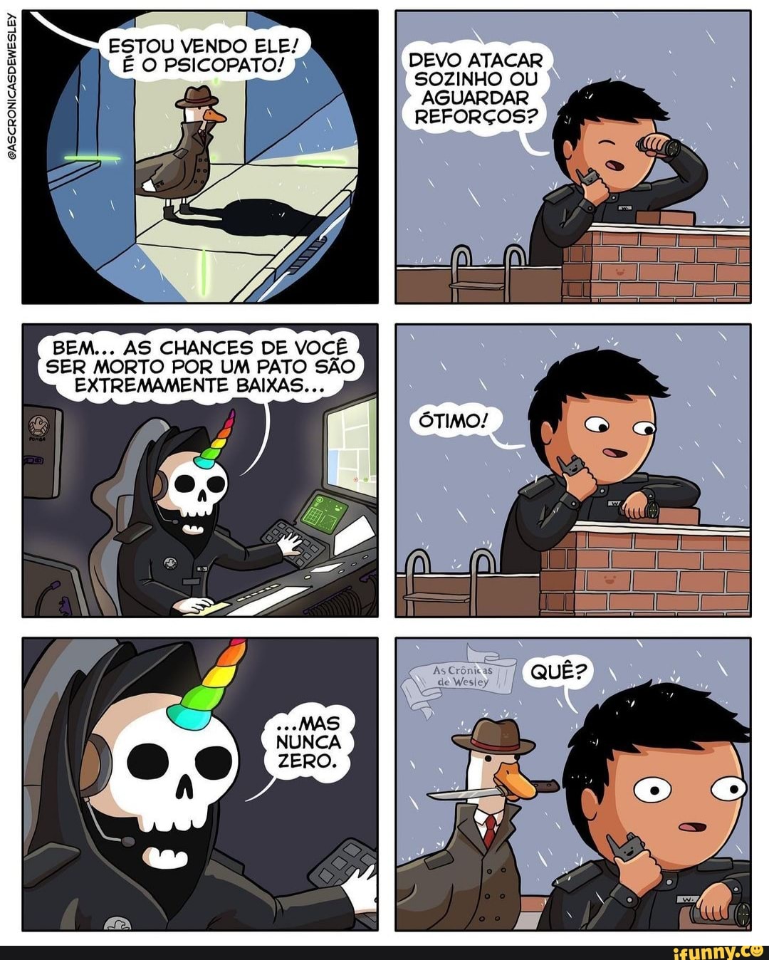 dá
SASCRONICASDEWESLEY
ESTOU VENDO ELE/
É O PSICOPATO! DEVO ATACAR SOZINHO OU AGUARDAR REFORÇOS?
BEM... AS CHANCES DE VOCÊ SER MORTO POR UM PATO SÃO EXTREMAMENTE BAIXAS..
ÓTIMO!
Es
as
de Wesley I