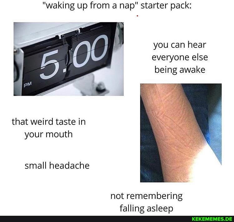 "waking up from a nap" starter pack:
you can hear everyone else being awake
that weird taste in your mouth
small headache
not remembering
f4lling acloon