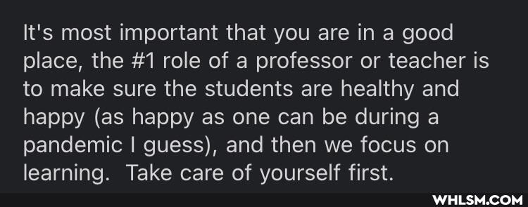 It's most important that you are in a good place, the #1 role of a professor or teacher is to make sure the students are healthy and happy (as happy as one can be during a pandemic I guess), and then we focus on learning. Take care of yourself first.