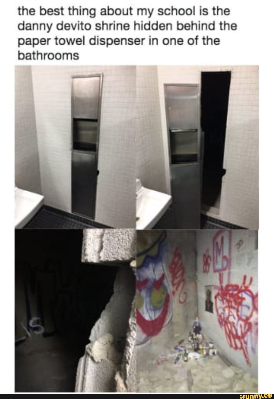 Danny devito shrine hidden behind the paper towel dispenser In one of