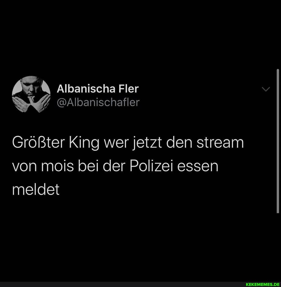 Albanischa Fler
@Albanischafler
Größter King wer jetzt den stream von mois bei der Polizei essen meldet