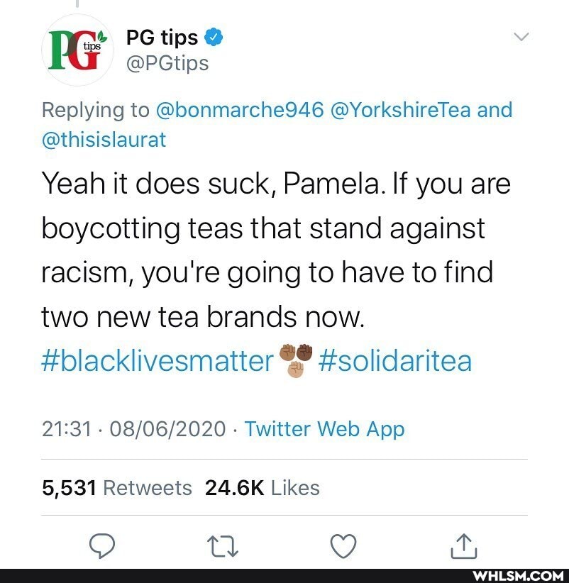 Replying to @bonmarche946 @YorkshireTea and
PG tips
@thisislaurat
Yeah it does suck, Pamela. If you are boycotting teas that stand against racism, you're going to have to find two new tea brands now.
#blacklivesmatter #solidaritea
Retwests Likes