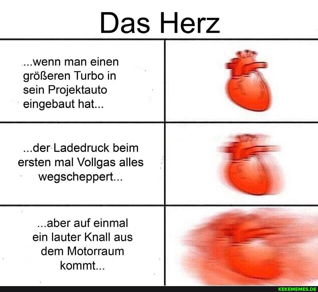Das Herz
..wenn man einen größeren Turbo in sein Projektauto eingebaut hat...
..der Ladedruck beim ersten mal Vollgas alles wegscheppert...
..aber auf einmal ein lauter Knall aus dem Motorraum kommt...