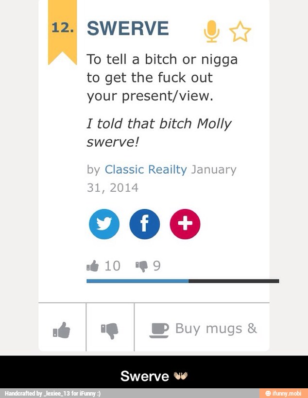 12. SWERVE
To tell a bitch or nigga
to get the fuck out
your present/view.
I told that bitch Molly
swerve!
000 - Swerve π