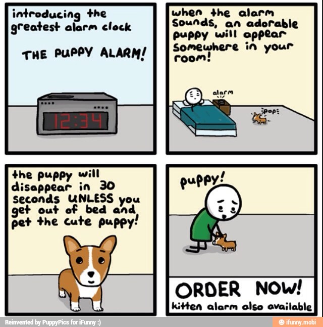introducing the when the alarm
Sounds, an adorable
Puppy will appear
THE PUPPY ALARM! Somewhere in your
greatest alarm clock
the puppy
disappear in
Seconds UNLESS you
out of bed and
pet the cute puppy!