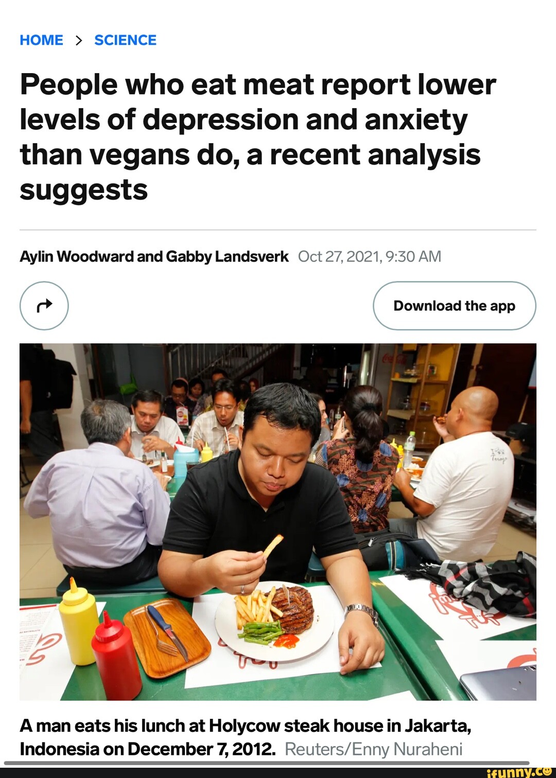 HOME > SCIENCE People who eat meat report lower levels of depression