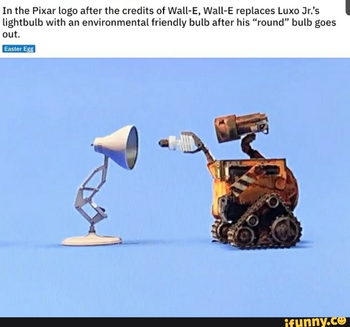 In the Pixar logo after the credits of Wall-E, Wall-E replaces Luxo Jr.'s lightbulb with an environmental friendly bulb after his "round" bulb goes out.