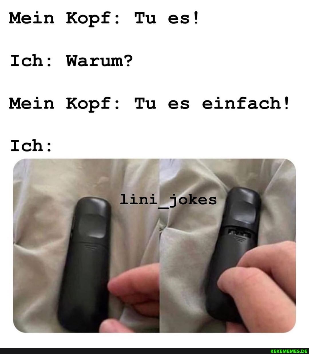Mein Kopf: Tu es!
Ich: Warum?
Mein Kopf: Tu es einfach!
Ich: