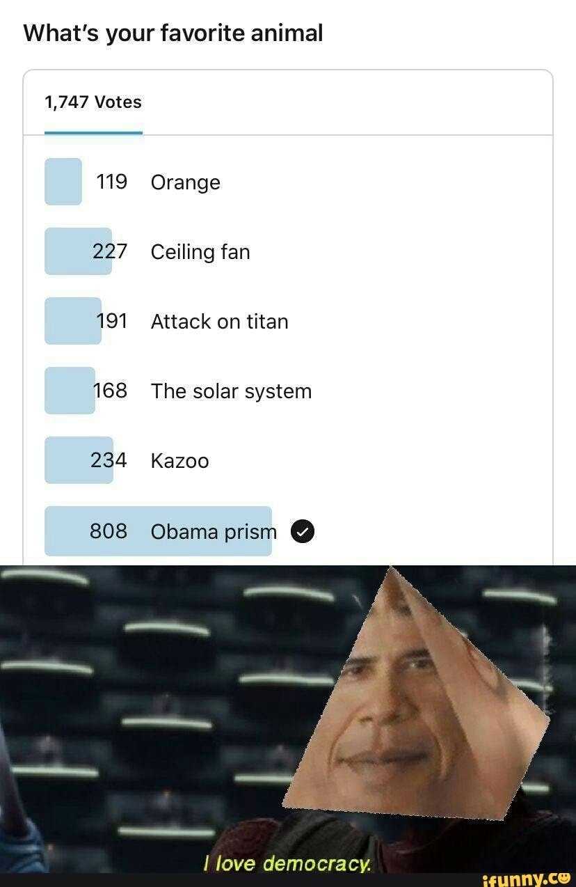 What's your favorite animal
1,747 Votes
119 Orange
227 Ceiling fan
191 Attack on titan
168 The solar system
234 Kazoo
808 Obama prism
love democracy.