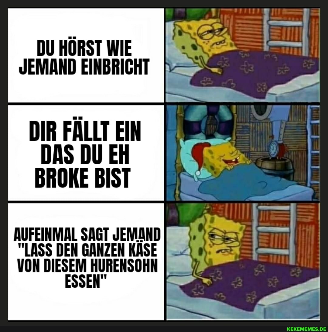 DU HÖRST WIE JEMAND EINBRICHT
DIR FÄLLT EIN DAS DU EH BROKE BIST
AUFEINMAL SAGT JEMAND
"LASS DEN GANZEN KASE
VoN DIESEM HURENSOHN I ESSEN"