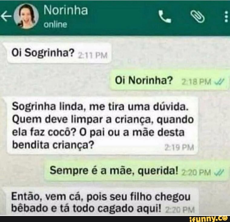 Oi Sogrinha?
Sogrinha linda, me tira uma dúvida.
Quem deve limpar a criança, quando
ela faz cocô? O pai ou a mãe desta
bendita criança?
Sempre é a mãe, querida!
Então, vem cá, pois seu filho chegou
bêbado e ta todo cagado aqui!
