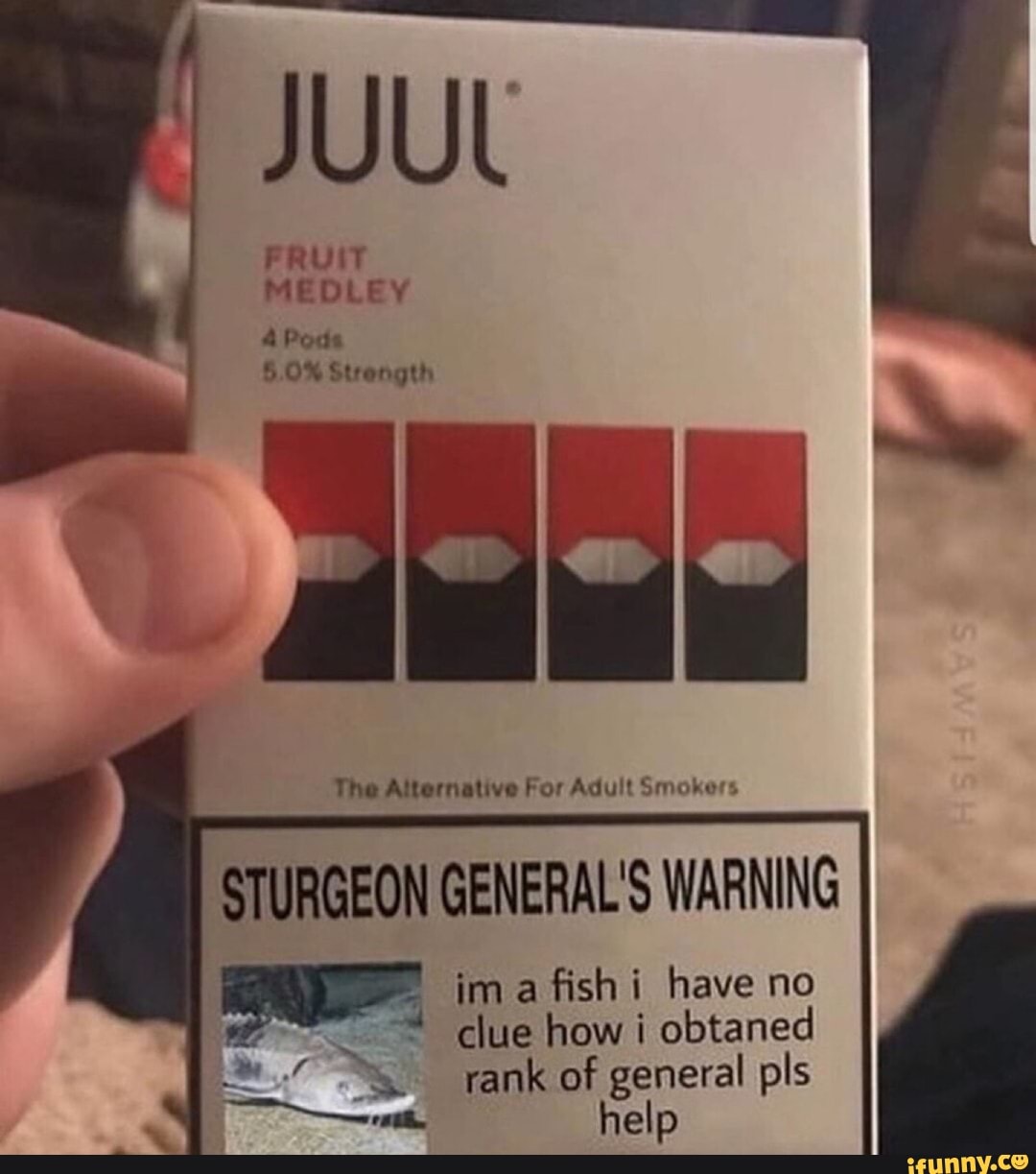 JUUL
FRUIT
MEDLEY
4 Pods
The Alternative For Adult Smokers
STURGEON GENERAL'S WARNING
fish i have no
clue how i obtaned
help