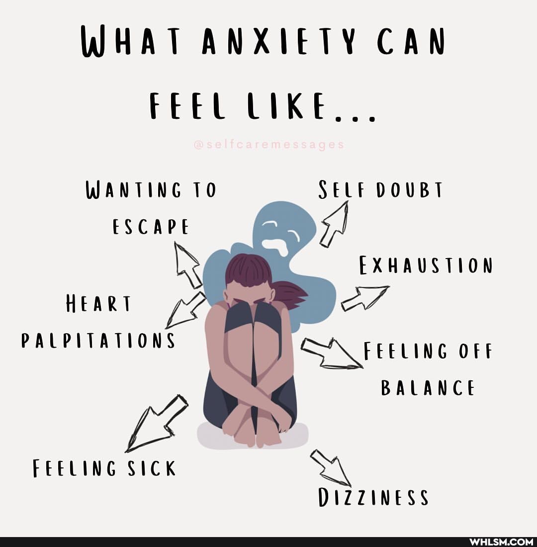 WHAT ANXIETY CAN FEEL LIKE...
WANTING TO SELF DOUBT ESCAPE EXHAUSTION HEART PALPITATIONS SA FEELING OFF BALANCE
FEELING SICK DIZZINESS