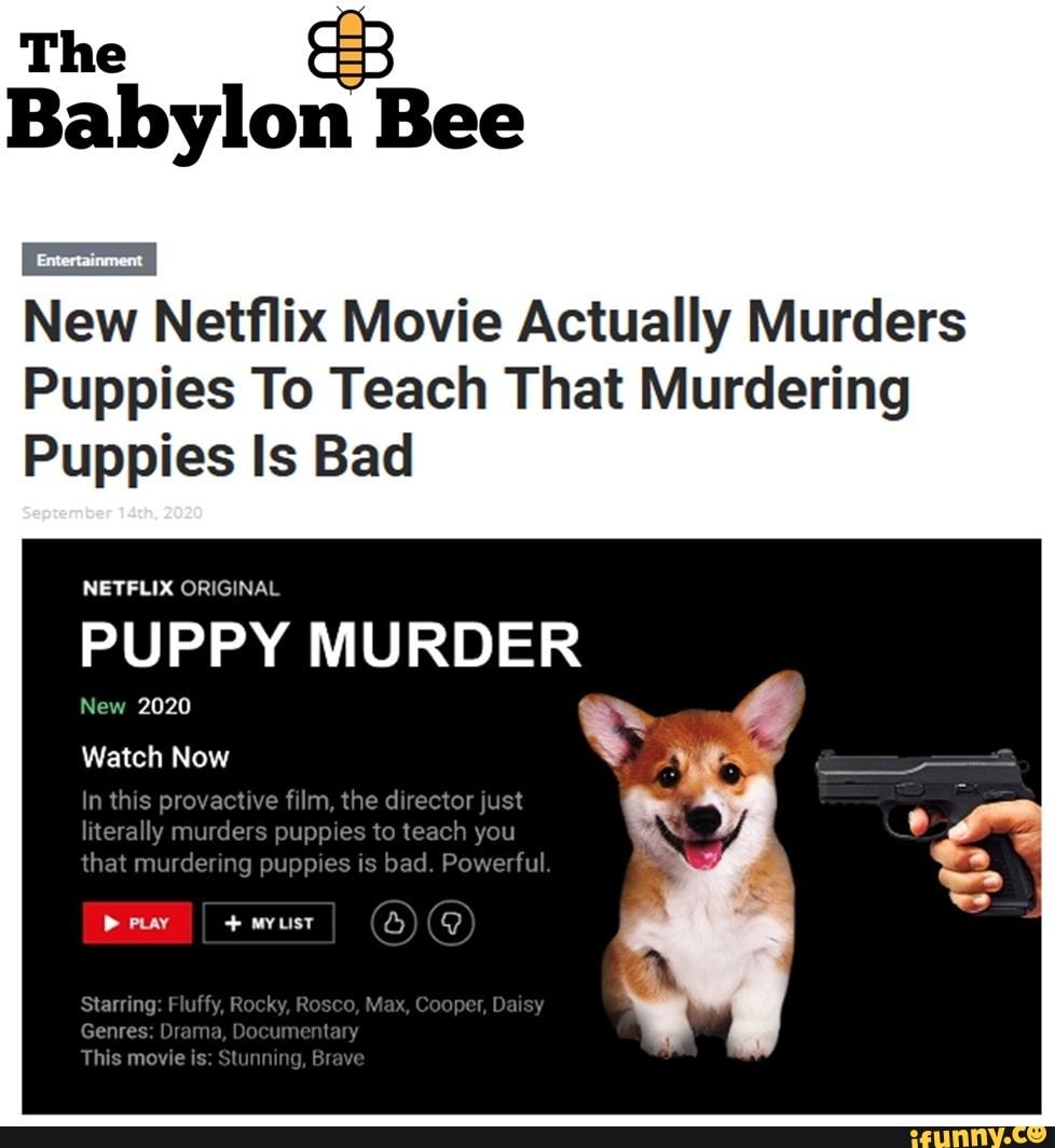The
Bee
New Netflix Movie Actually Murders
Puppies To Teach That Murdering
Puppies Is Bad
NETFLIX ORIGINAL
PUPPY MURDER
New 2020
Watch Now
this provactive film, the director just
Ir literally musders puppies to teach you that murdering puppies is bad. Powerful.
UBT
Starring: Fluffy, Recky, Resco, Max, Cooper, Daisy \
Genres: Drama, Documentary
This movie is: Slunning, Biave