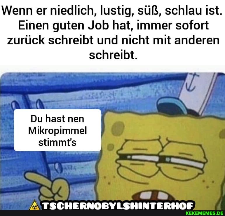 Wenn er niedlich, lustig, süß, schlau ist.
Einen guten Job hat, immer sofort zurück schreibt und nicht mit anderen schreibt.
Du hast nen
Mikropimmel stimmt's