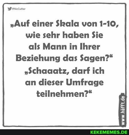 "Auf einer Skala von 1-10, wie sehr haben Sie als Mann in Ihrer
Beziehung das Sagen?*
"Schaaatz, darf ich an dieser Umfrage teilnehmen?*
www.häfft.de
