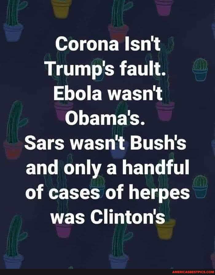 Corona Isn't
Trump's fault.
Ebola wasn't
Obama's.
Sars wasnt Bush's and only a handful of cases of herpes was Clinton's