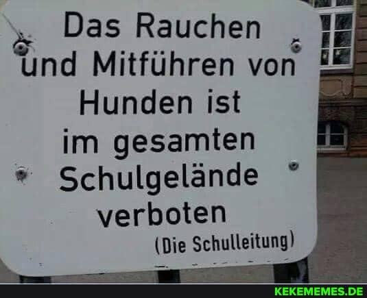 Das Rauchen
und Mitführen von
Hunden ist im gesamten
Schulgelände
verboten
(Die Schulleitung)
