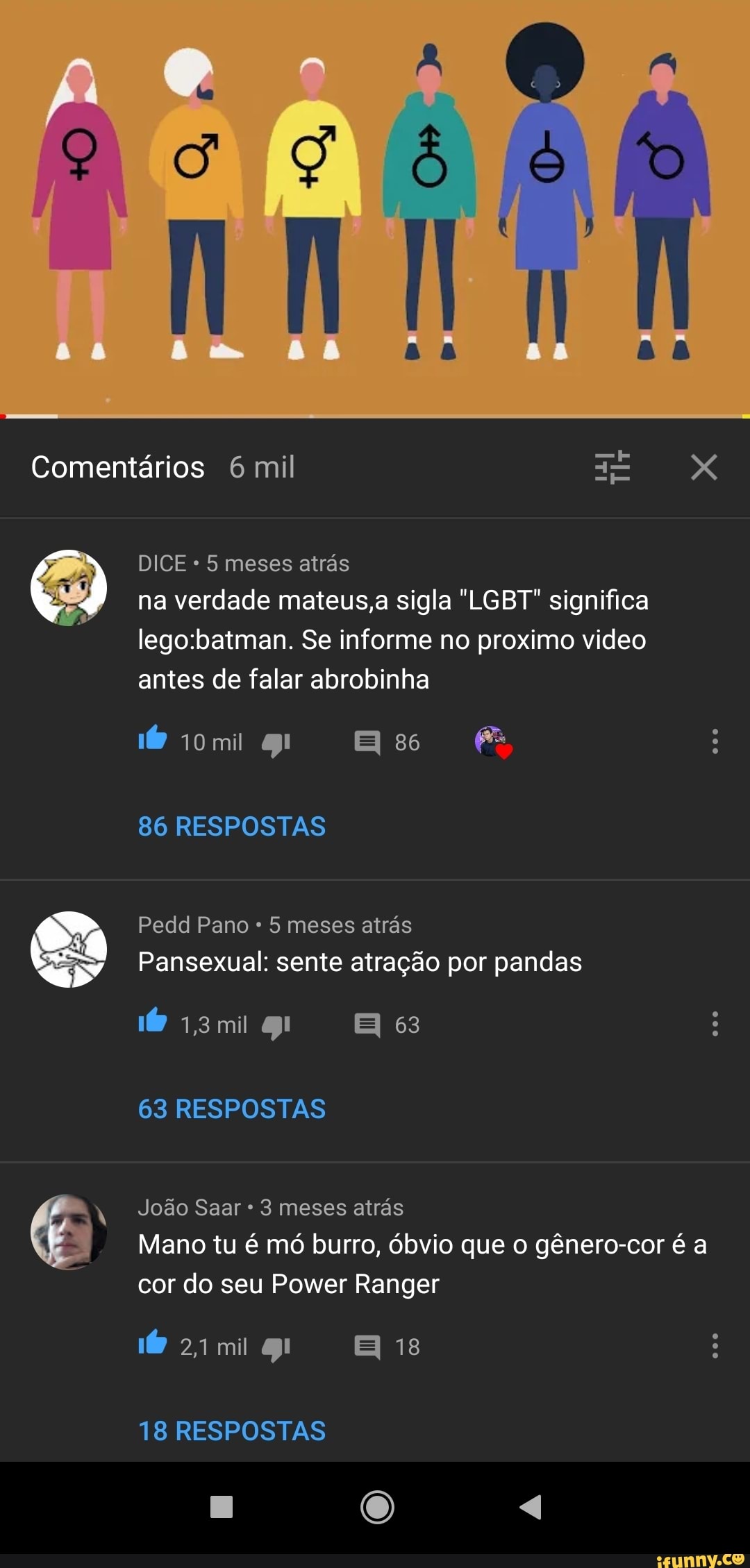 5 meses atrás
na verdade mateus,a sigla "LGBT" significa
lego:batman. Se informe no proximo video
antes de falar abrobinha
86 RESPOSTAS
Mano tu é mó burro, óbvio que o gênero-cor é a
cor do seu Power Ranger