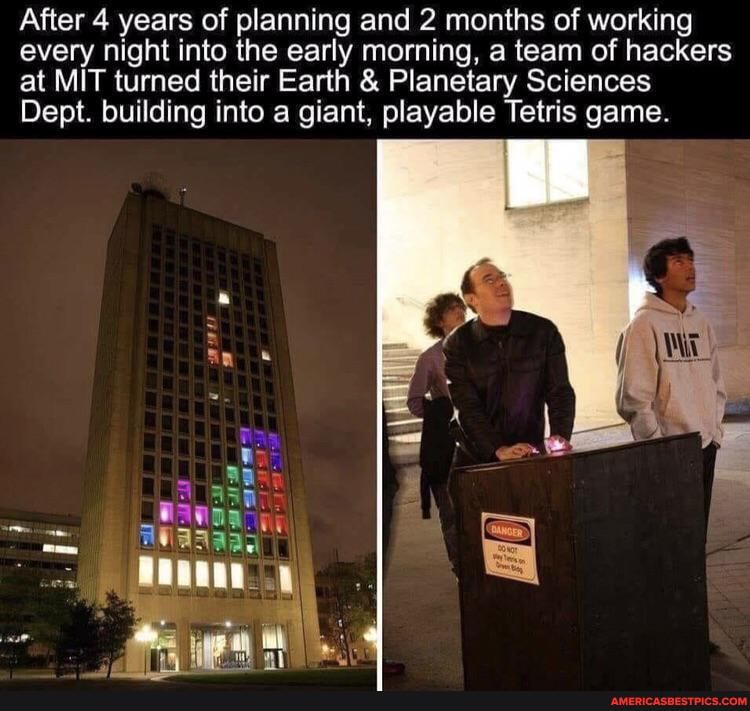 After 4 years of planning and 2 months of working every night into the early morning, a team of hackers at MIT turned their Earth & Planetary Sciences
Dept. building into a giant, playable Tetris game.
Wanna;
WaAaas