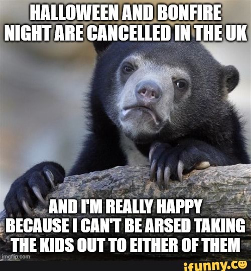 HALLOWEEN AND BONFIRE NIGHT ARE CANCELLED IN THE UK
AND I'M REALLY HAPPY BECAUSE I CAN'T BE ARSED TAKING THE KINS OUT TO EITHER OF THEN