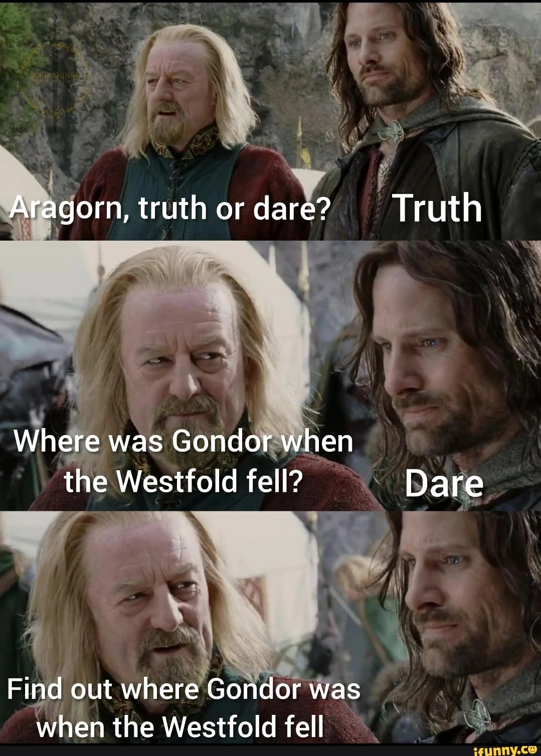 Aragorn, truth or dare? Truth Where was Gondor when the Westfold fell? Dare Find out where