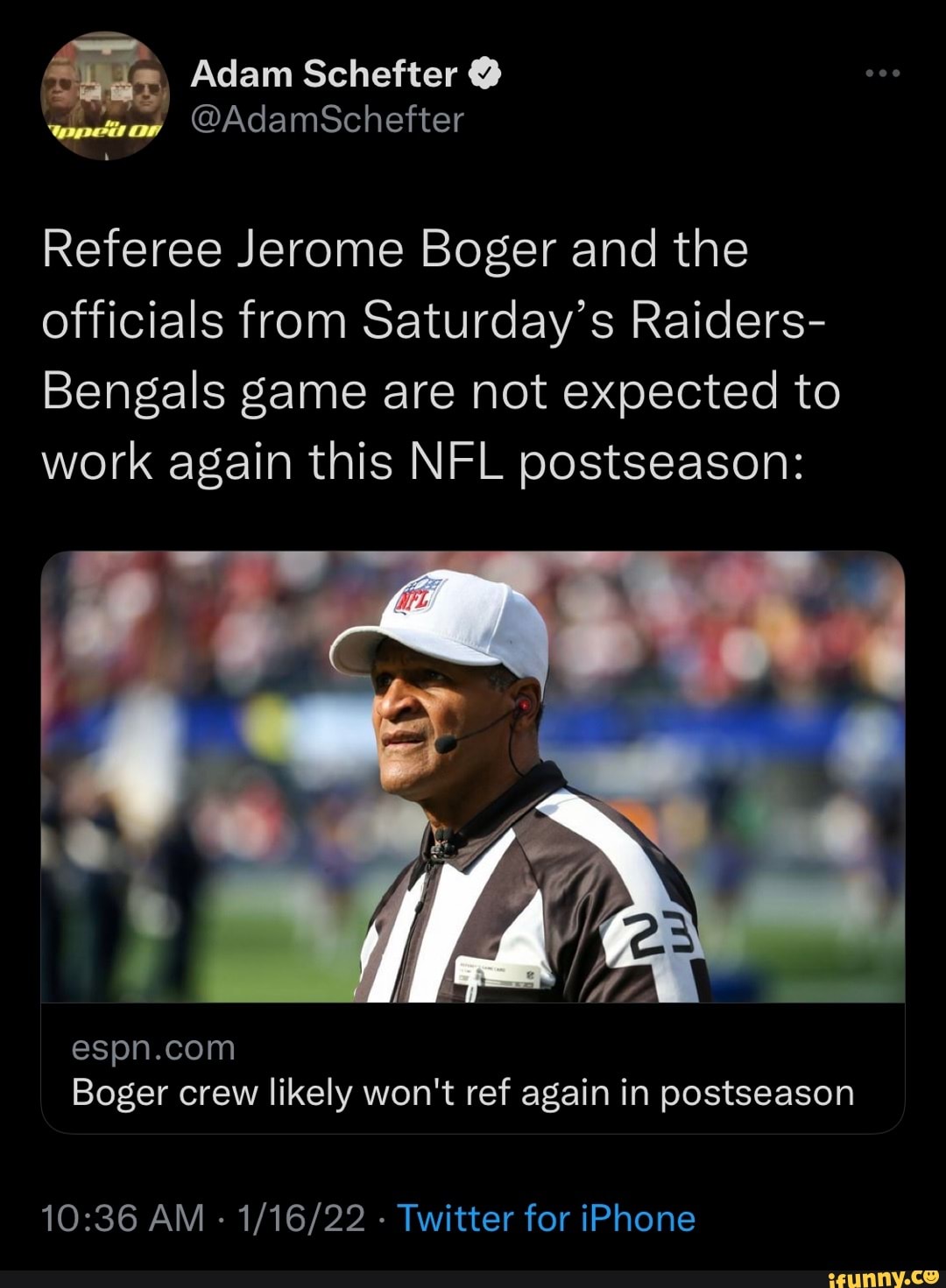 Jerome Boger, officials from Raiders-Bengals game not expected to work  again this NFL postseason - ESPN