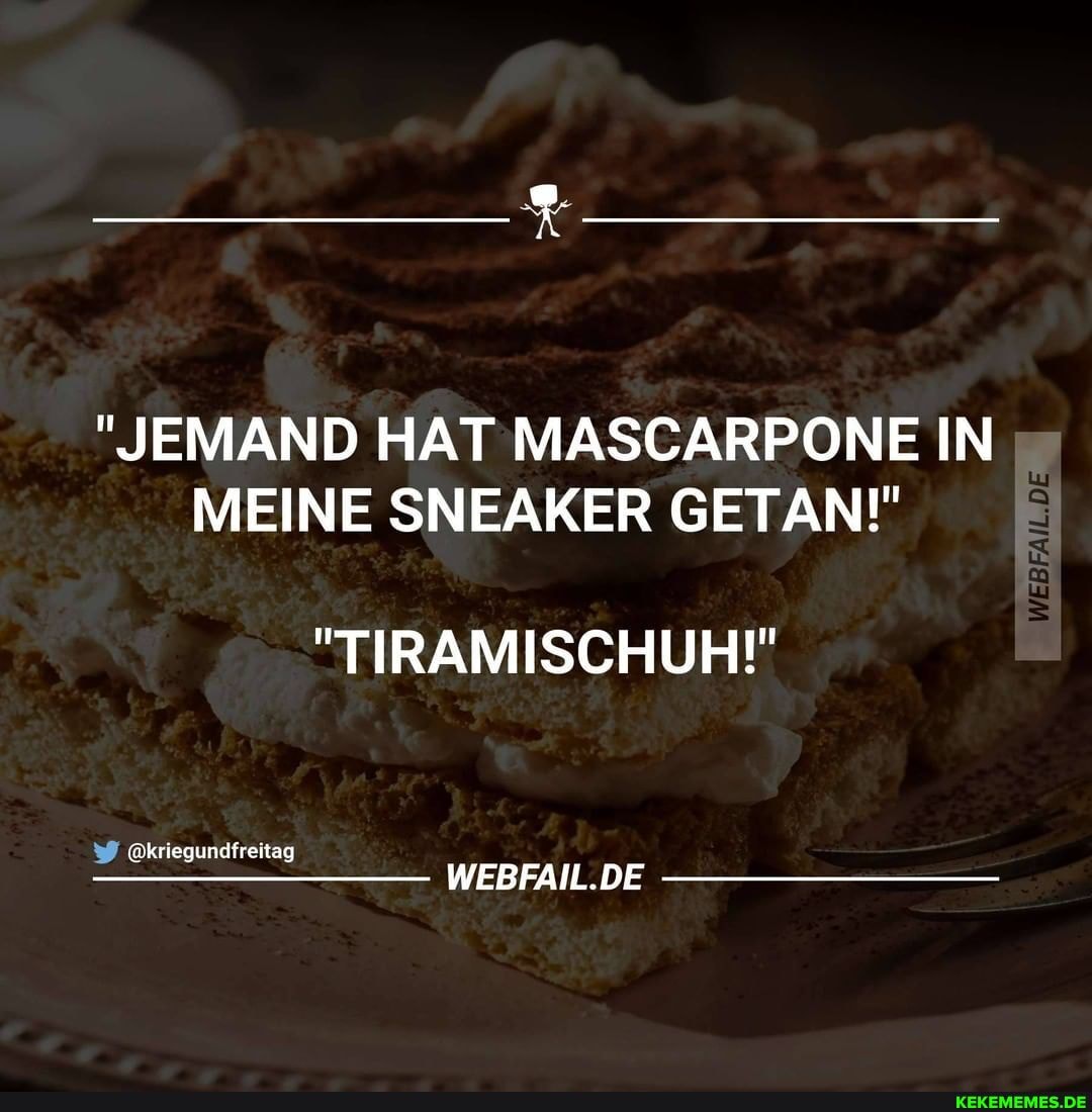 "JEMAND HAT MASCARPONE IN MEINE SNEAKER GETAN!"
@kriegundfreitag
WEBFAIL.DE