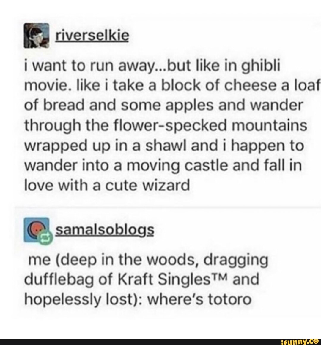 i want to run away...but like in ghibli
movie. like i take a block of cheese a loaf
of bread and some apples and wander
through the flower-specked mountains
wrapped up in a shawl and i happen to
wander into a moving castle and fall in
love with a cute wizard
Bmw:
me (deep in the woods, dragging
dufflebag of Kraft SinglesTM and
hopelessly lost): where's totoro